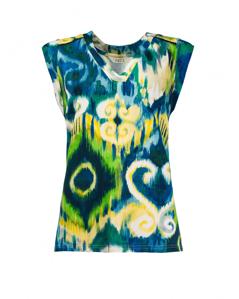 NED top raven ss soft ikat tricot blauw print