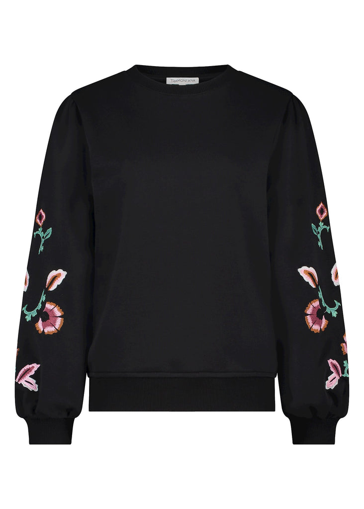 Tramontana sweater puff shoulder flower zwart