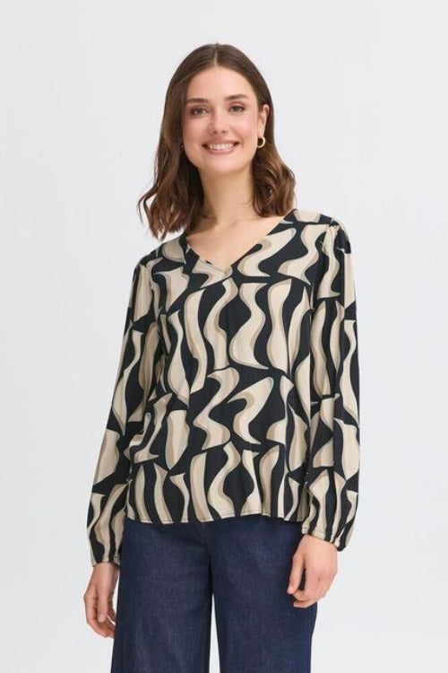 Fransa-Blouse-Najaar2025-zwart-beige