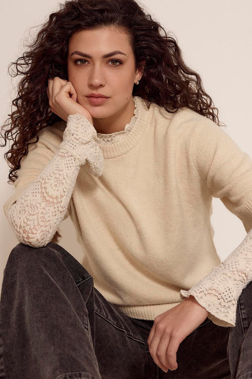 Tramontana-top-flared-sleeve-brushed-lace-stone