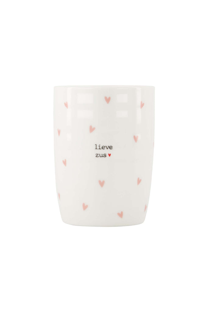 Zusss koffiemok hartjes lieve zus wit/roze
